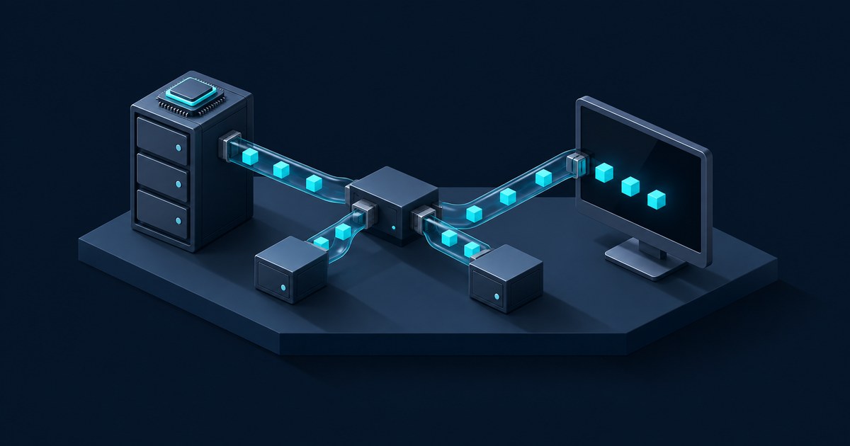 Isometric dark scene of a server with a chip sending glowing cyan token cubes through clear tubes via a hub and small nodes to a monitor, like streamed model output