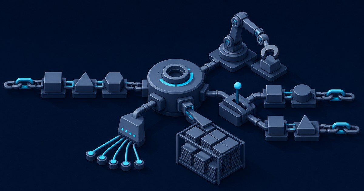 Dark navy isometric render of a central hub linking chains of cube and pyramid blocks, a robotic arm, a joystick switch and a rack of stacked bricks.