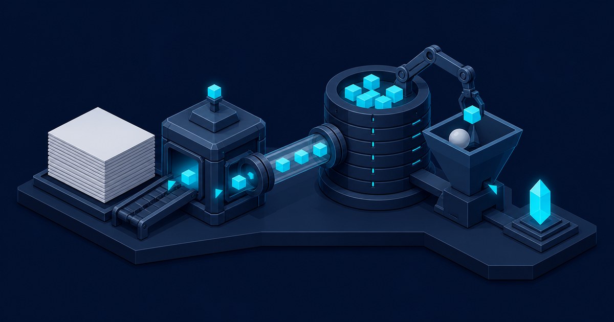 Navy isometric diorama of a RAG pipeline: documents feed a chunking machine, glowing cubes flow into a database, and a robot arm drops one into a funnel.